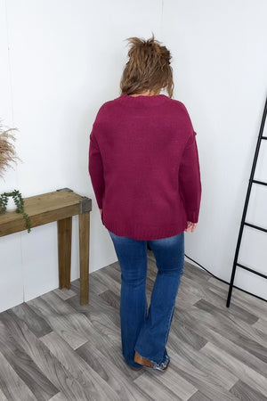 Magenta Oversized Vneck Chunky Knit Sweater