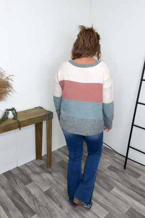Pink Gray Blocked Oversized Wide Neck Pullover Sweater