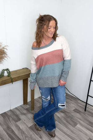 Pink Gray Blocked Oversized Wide Neck Pullover Sweater
