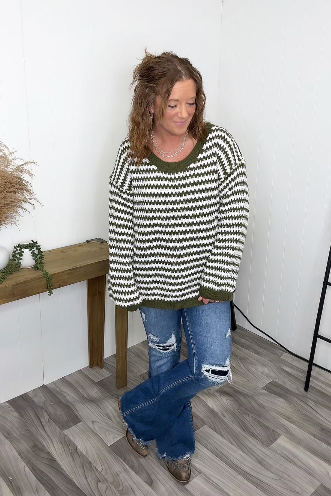 Olive Striped Knitted Scoop Neck Oversized Sweater - STB Boutique
