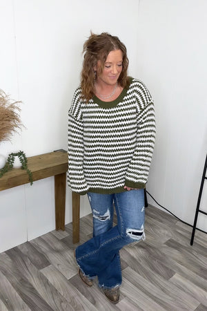 Olive Striped Knitted Scoop Neck Oversized Sweater - STB Boutique