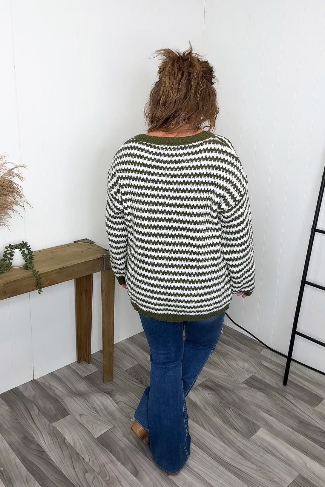Olive Striped Knitted Scoop Neck Oversized Sweater - STB Boutique