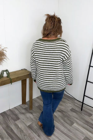 Olive Striped Knitted Scoop Neck Oversized Sweater - STB Boutique