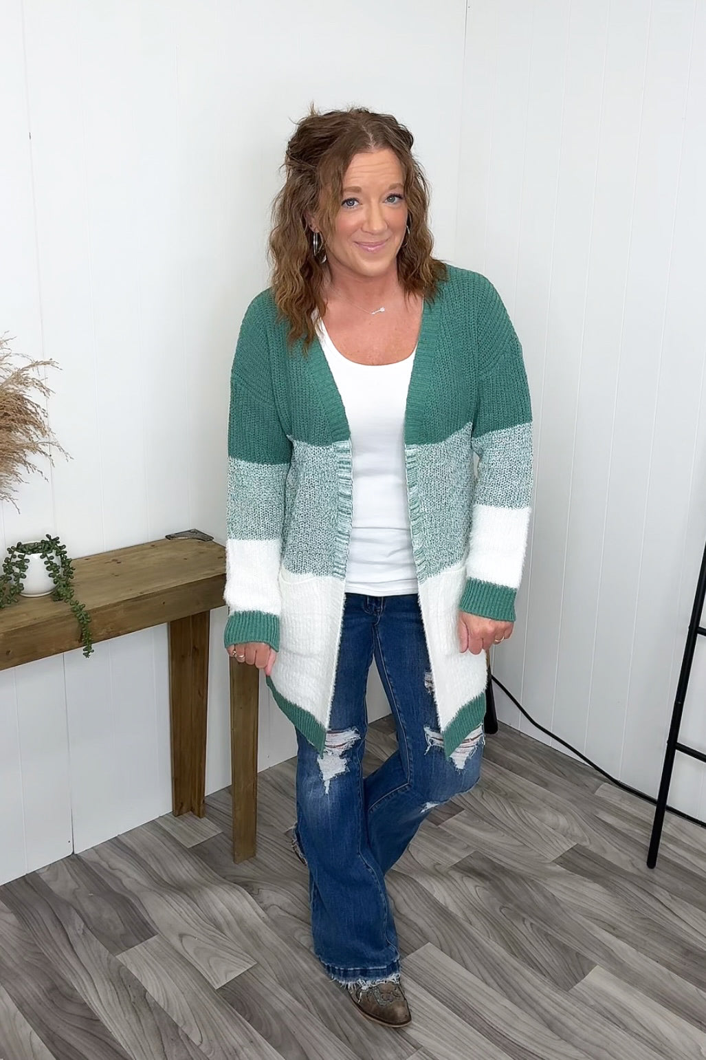 Green White Blocked Pocket Cardigan - STB Boutique