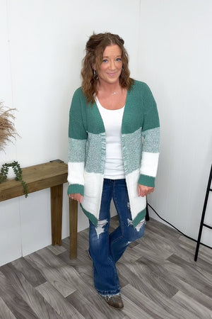 Green White Blocked Pocket Cardigan - STB Boutique