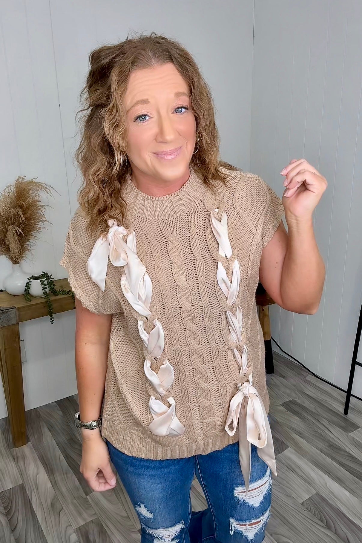 Taupe Cable Knit Ribbon Short Sleeve Sweater (SM-XL) - STB Boutique