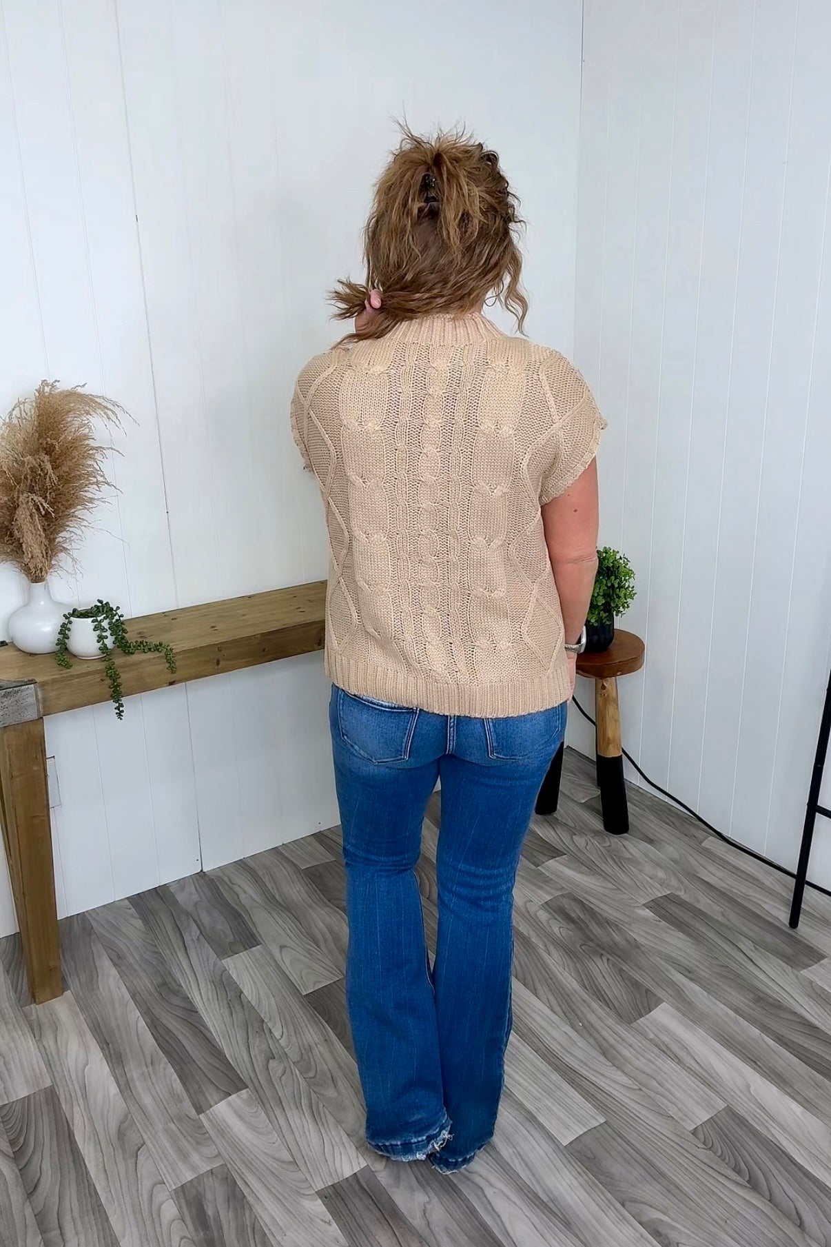 Taupe Cable Knit Ribbon Short Sleeve Sweater (SM-XL) - STB Boutique