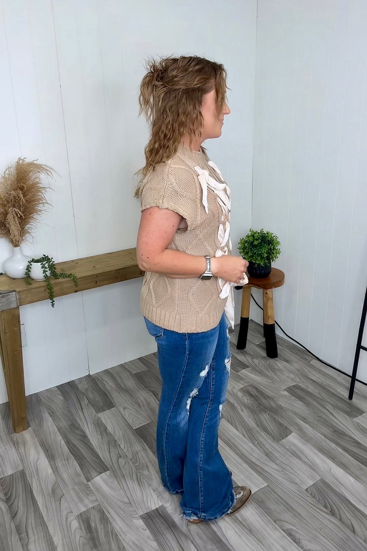 Taupe Cable Knit Ribbon Short Sleeve Sweater (SM-XL) - STB Boutique