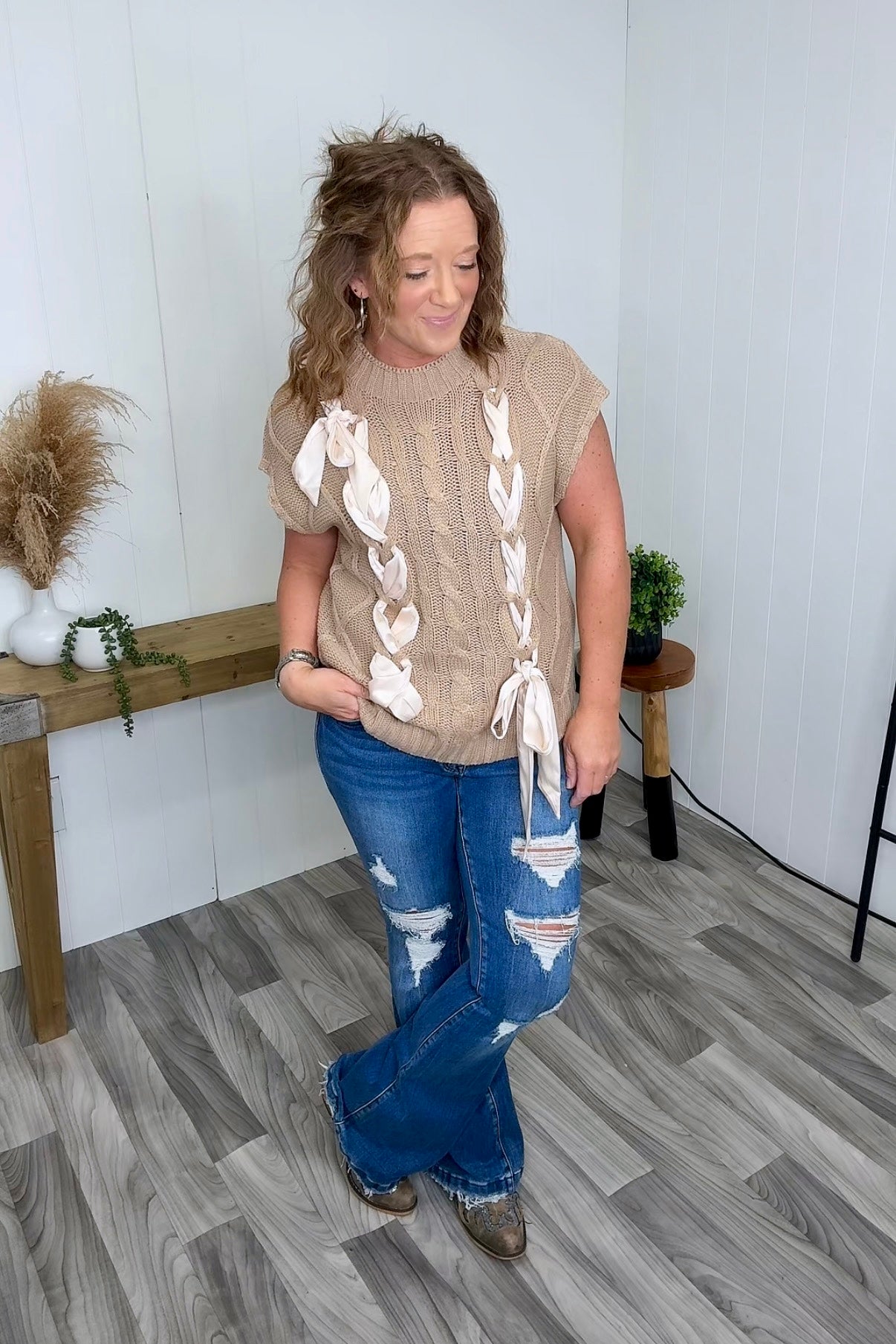 Taupe Cable Knit Ribbon Short Sleeve Sweater (SM-XL) - STB Boutique