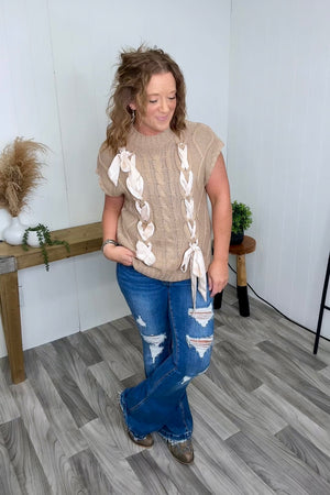 Taupe Cable Knit Ribbon Short Sleeve Sweater (SM-XL) - STB Boutique