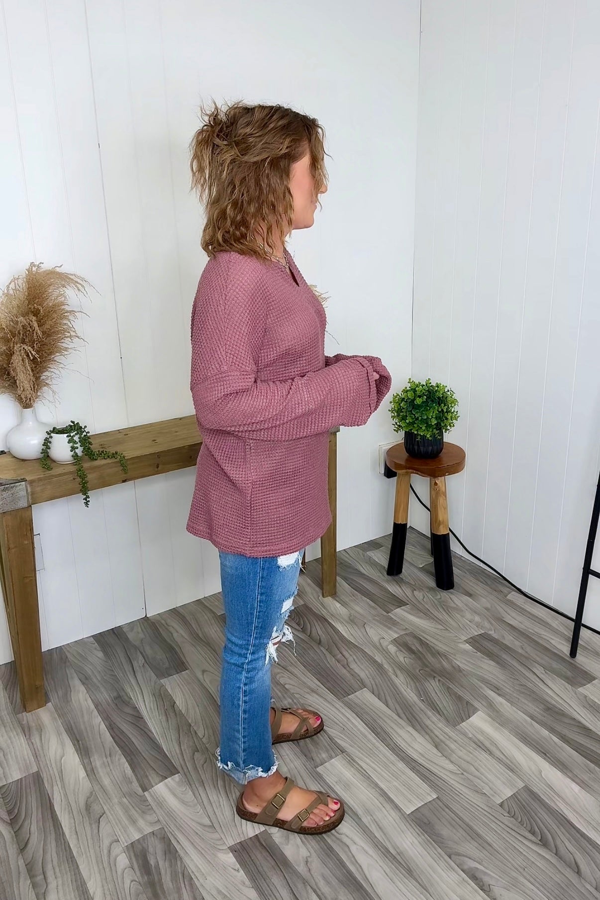 Dk Mauve Waffle Notched Neck LS (SM-XL)