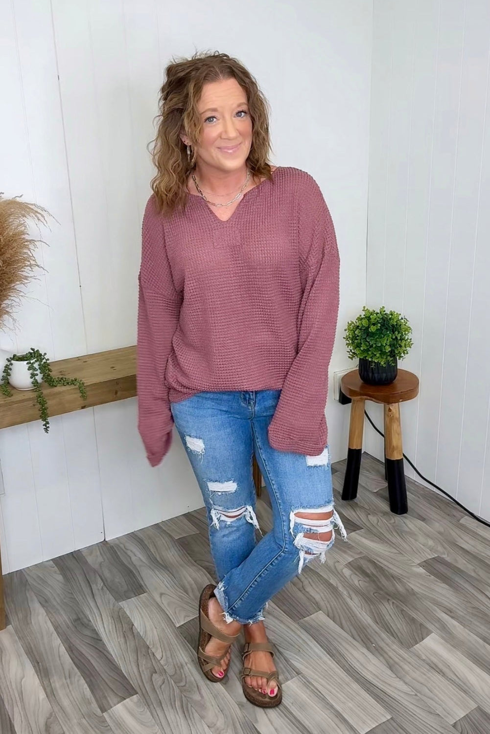 Dk Mauve Waffle Notched Neck LS (SM-XL)