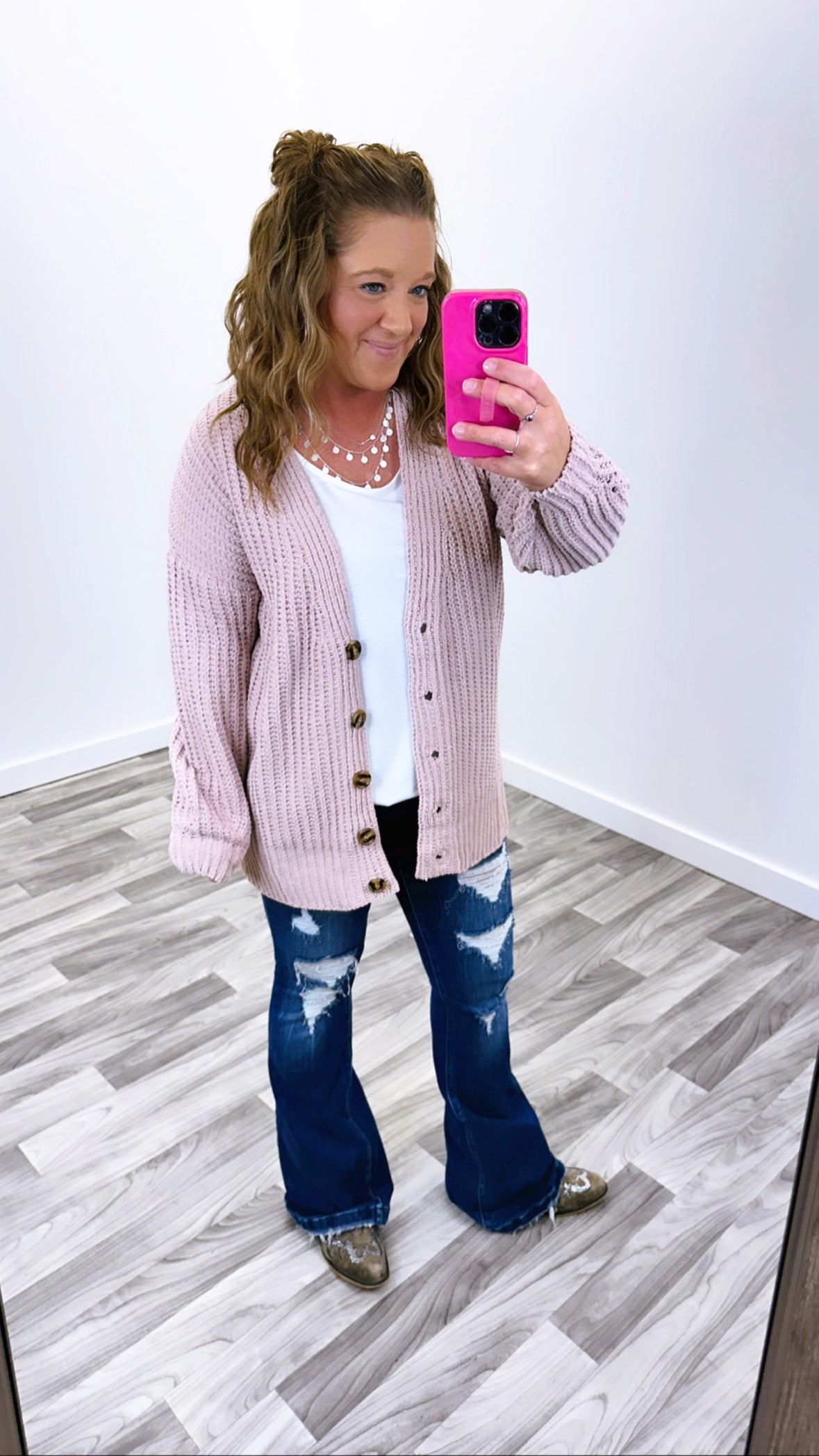 Dusty Pink Chunky Knit Button Boyfriend Cardigan (SM-XL)