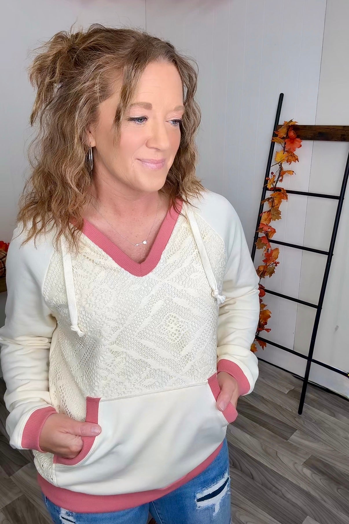 Cream Mauve Lace Vneck Hoodie (SM-XL) - STB Boutique