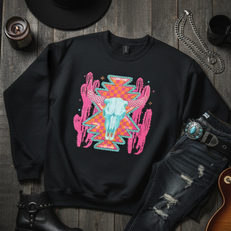 Pink Bull Skull Graphic Crewneck Sweatshirt - Preorder