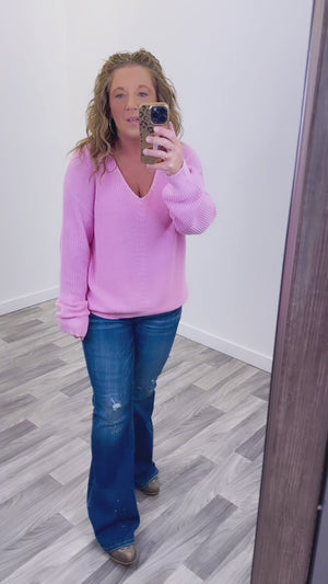 Pink Vneck Knit Pullover Sweater (SM-XL)
