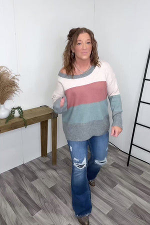 Pink Gray Blocked Oversized Wide Neck Pullover Sweater