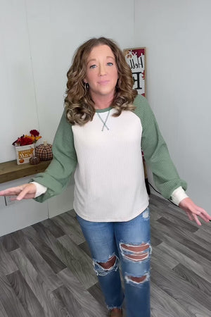 Cream Green Waffle Raglan LS (SM-XL)