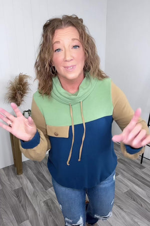 Green Blue Taupe Colorblocked Cowl Pullover