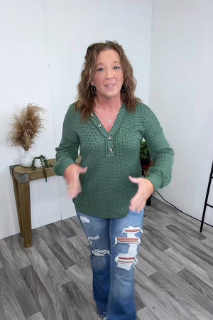 Green Waffle Vneck Henley LS (SM-3X)