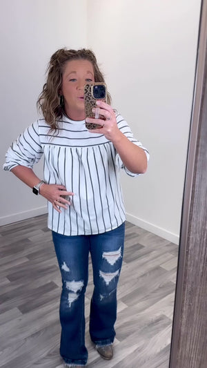 Ivory & Charcoal Striped 3/4 Sleeve Top (SM-XL)