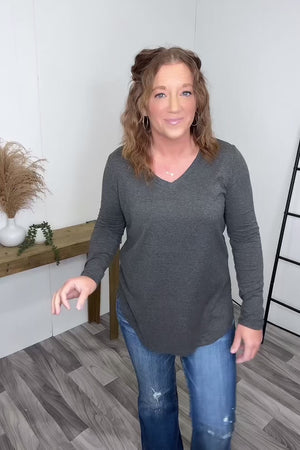 Charcoal Gray Vneck Loose Long Sleeve Basic Tee (SM-3X)