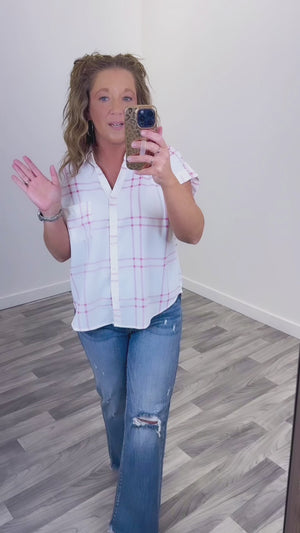 White Pink Plaid Button Up SS Top (SM-3X)