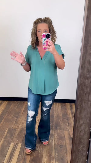 Teal Vneck Cuffed Sleeve SS Blouse (SM-3X)