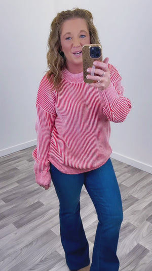 Red 2Tone Ribbed Chunky Knit Sweater (SM-XL)