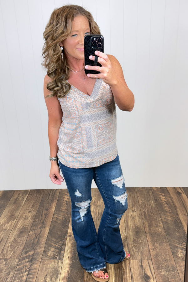 Peach Vintage Print Vneck Tank