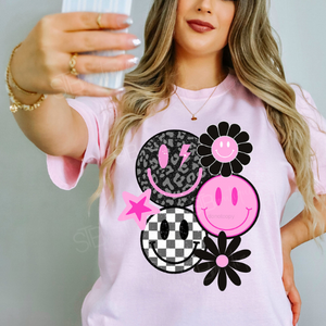 Retro Pink Black Happy Face Tee - Preorder