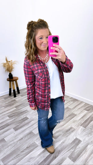 Pink & Black Plaid Roll Up Sleeve Button Up Top (SM-3X)