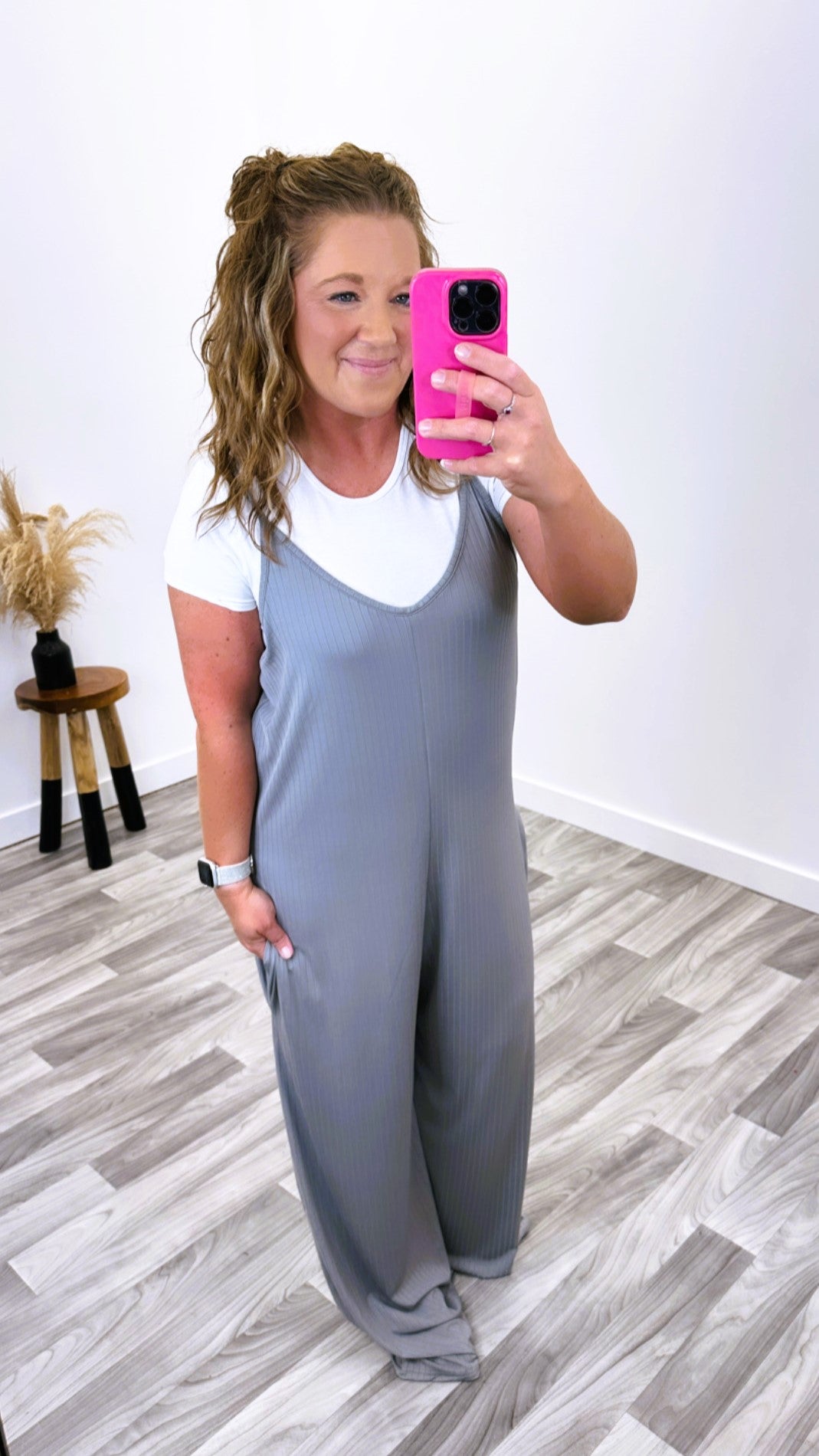 Silver Gray Ribbed Wide Leg Jumpsuit (SM-2X)