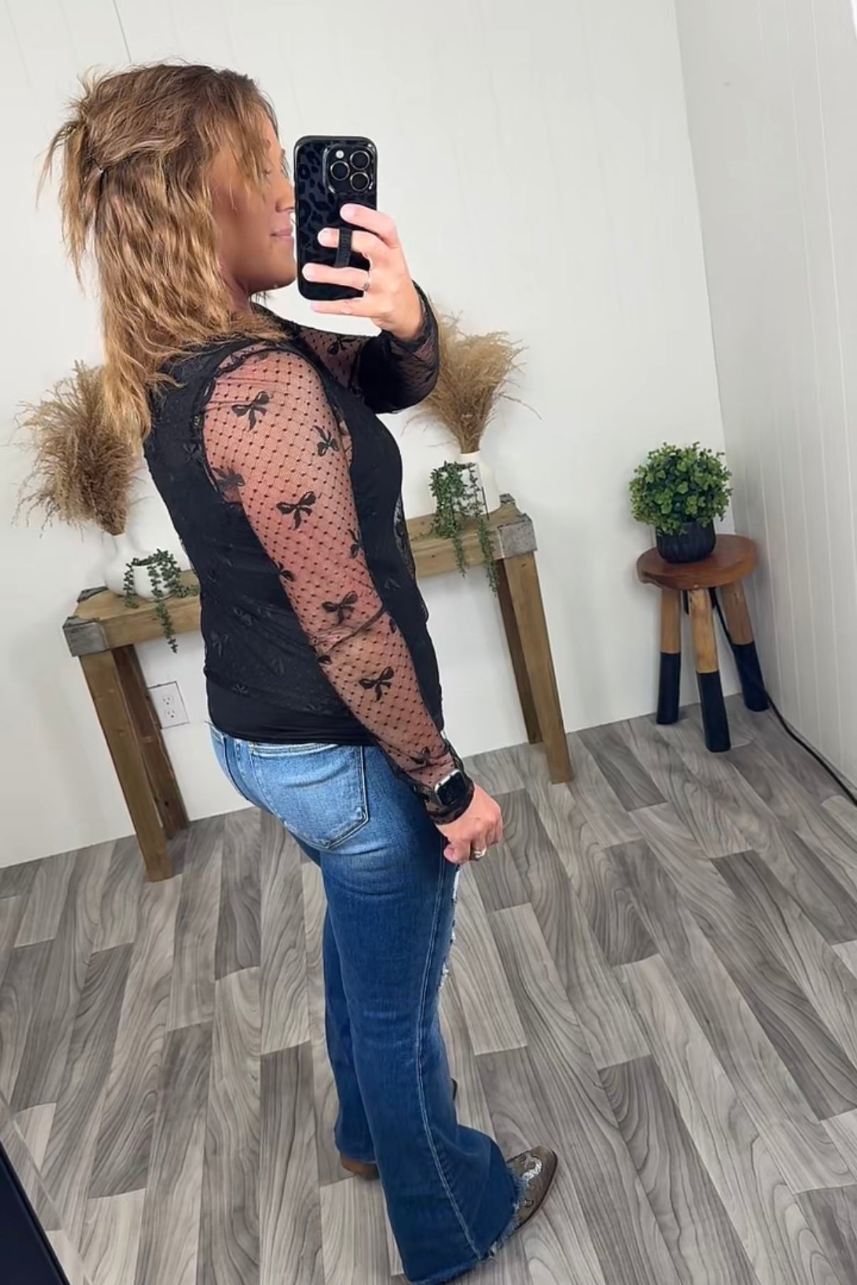 Black Bow Sheer Lace LS Top