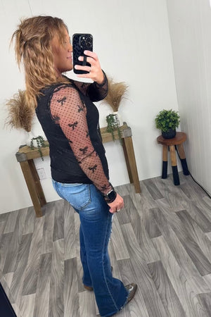 Black Bow Sheer Lace LS Top