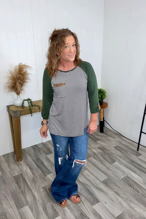 Olive Striped Pocket 3/4 Sleeve (SM-3X) - STB Boutique