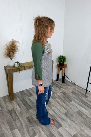 Olive Striped Pocket 3/4 Sleeve (SM-3X) - STB Boutique