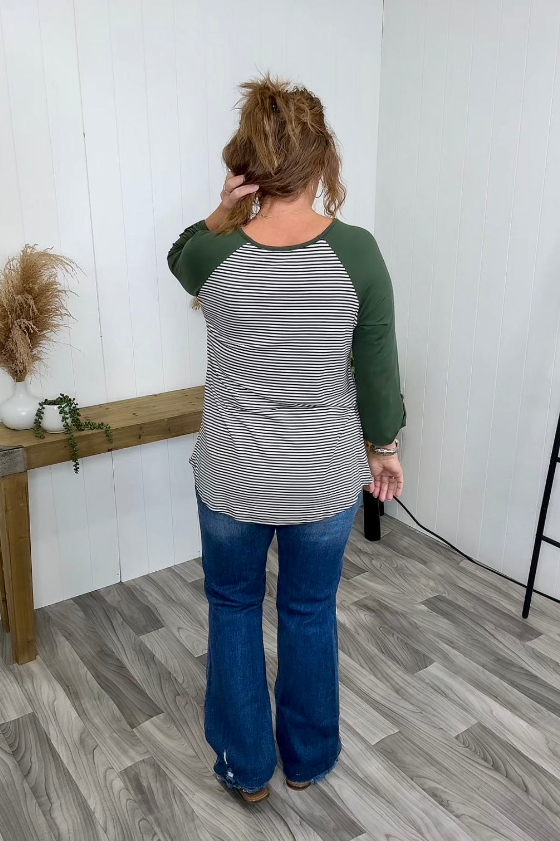 Olive Striped Pocket 3/4 Sleeve (SM-3X) - STB Boutique