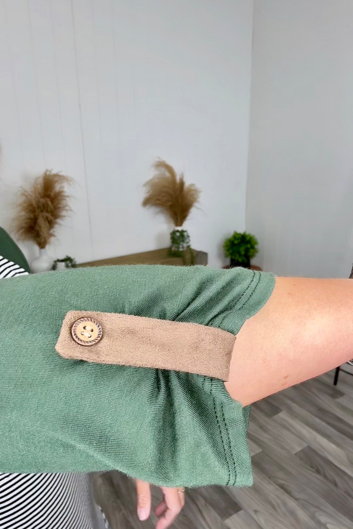 Olive Striped Pocket 3/4 Sleeve (SM-3X) - STB Boutique