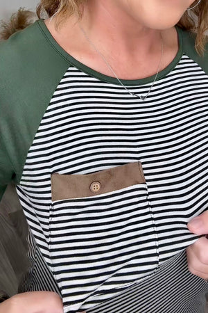 Olive Striped Pocket 3/4 Sleeve (SM-3X) - STB Boutique