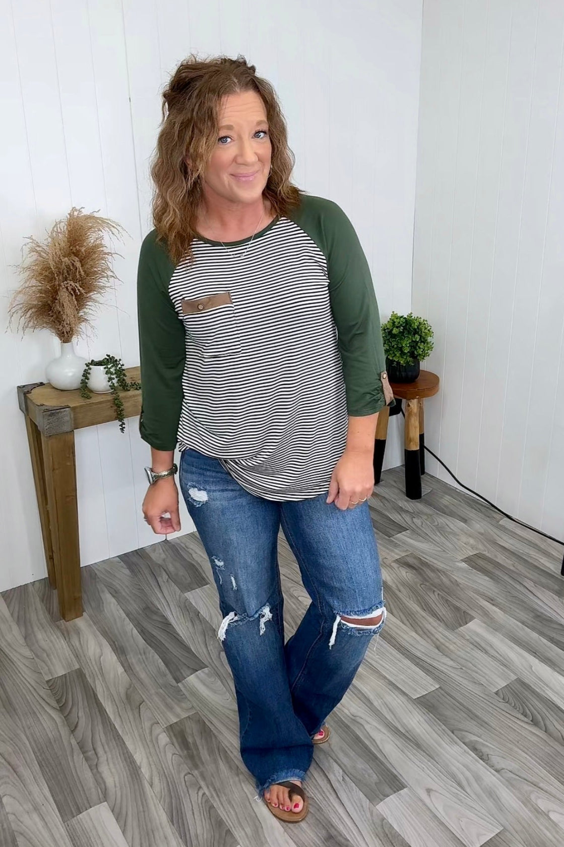 Olive Striped Pocket 3/4 Sleeve (SM-3X) - STB Boutique