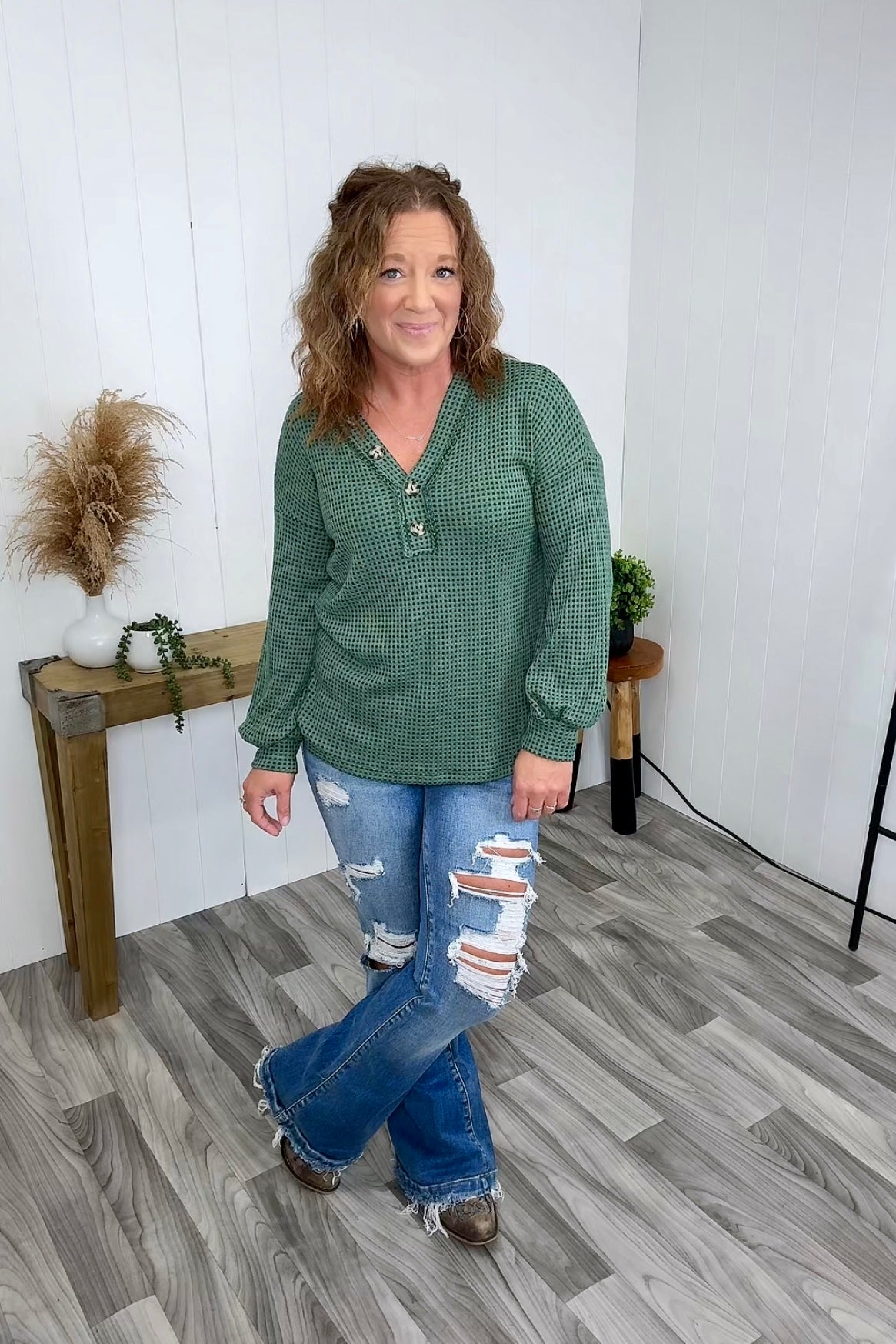 Green Waffle Vneck Henley LS (SM-3X)