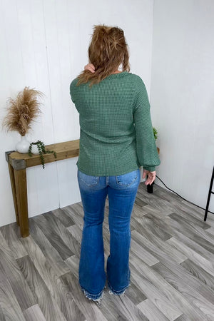 Green Waffle Vneck Henley LS (SM-3X)