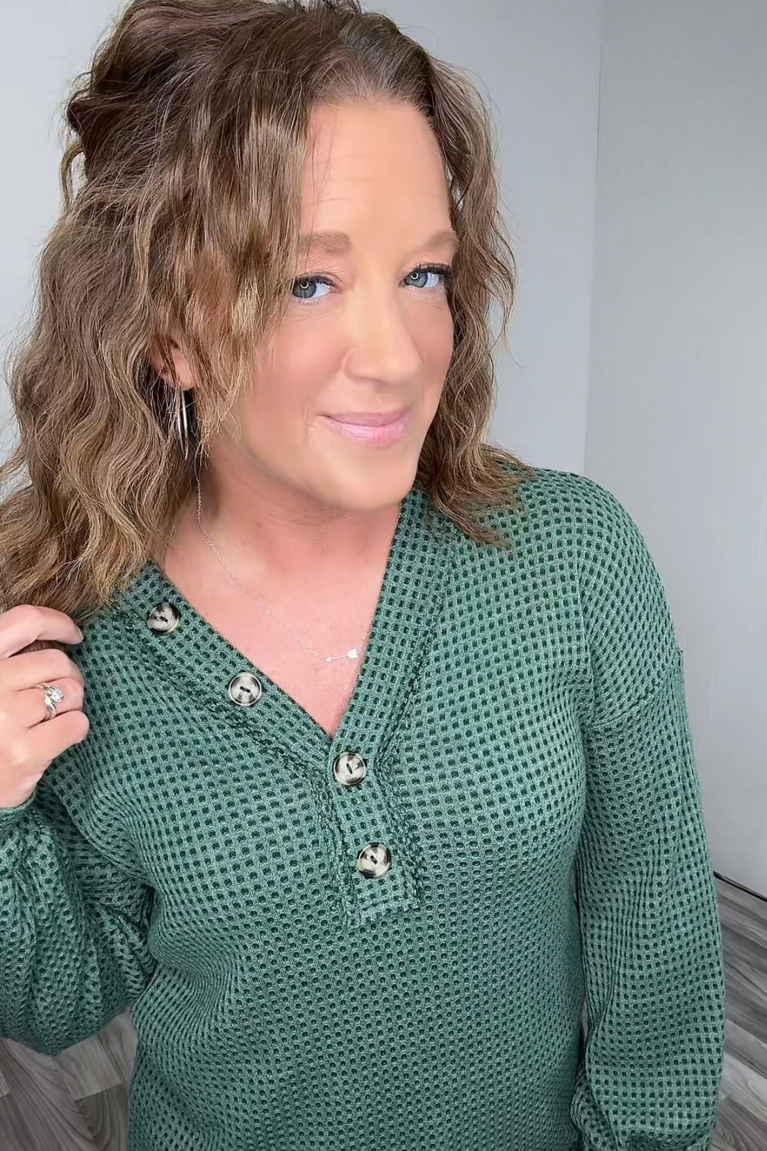 Green Waffle Vneck Henley LS (SM-3X)