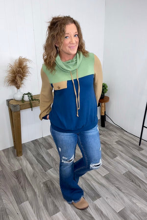 Green Blue Taupe Colorblocked Cowl Pullover - STB Boutique