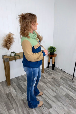 Green Blue Taupe Colorblocked Cowl Pullover - STB Boutique