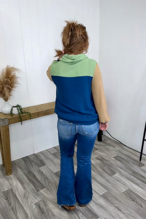 Green Blue Taupe Colorblocked Cowl Pullover - STB Boutique