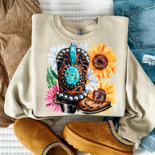 Western Boot & Flowers Crewneck Sweatshirt - Preorder - STB Boutique