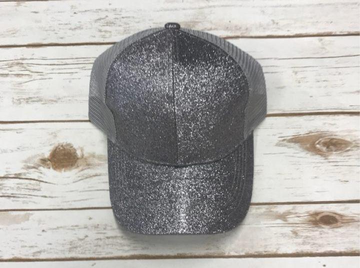 Silver Glitter CC Messy Bun Ponytail Hat