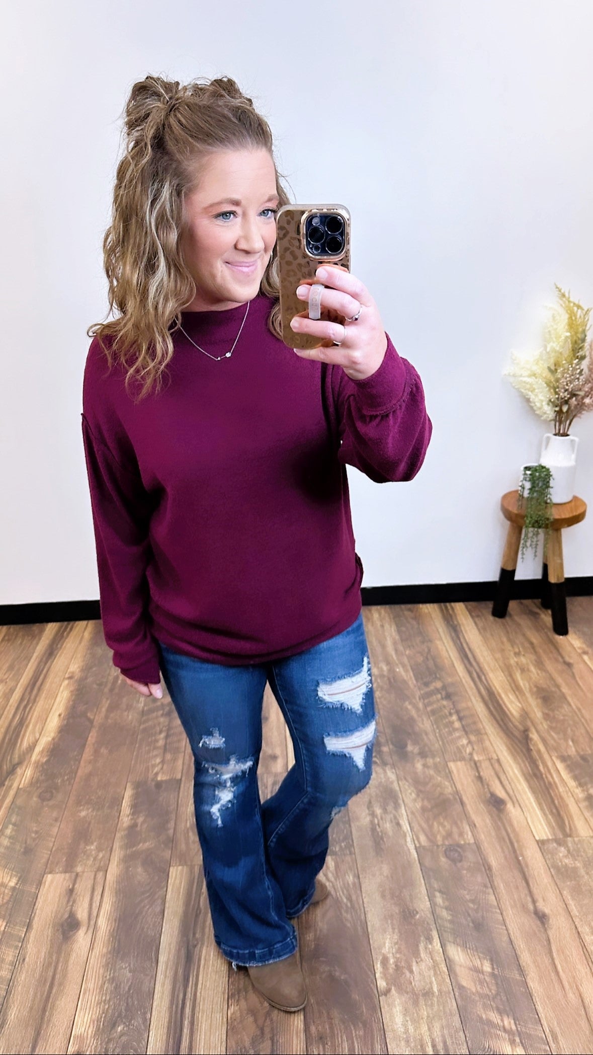Burgundy Brushed Boatneck Slouchy Pullover Sweater (SM-3X)